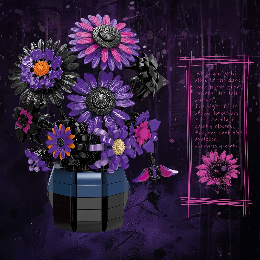 Sunflower Building Blocks Bouquet Set for Adults – Purple Van Gogh Art Botanical Flower Brick Kit Creative Home Decor Display Model, Unique Birthday Mother's Day Valentine's Day Gift for Women