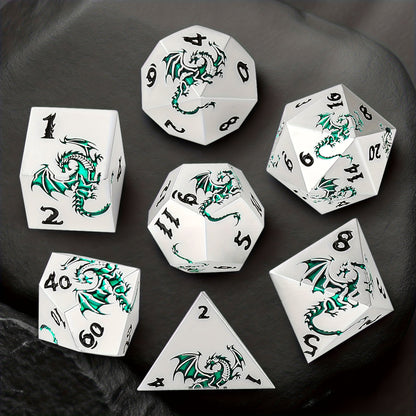 7pcs Of Retro Metal Dice Set, Finely Carved Pattern Fonts And Dragon Patterns, Including A Storage Bag with Dragon Patterns, Essential for TRPG Games, Tabletop Role-playing Game Props, Polyhedral Dice, D20 D12 D10 D8 D6 D4, Handmade Polishing