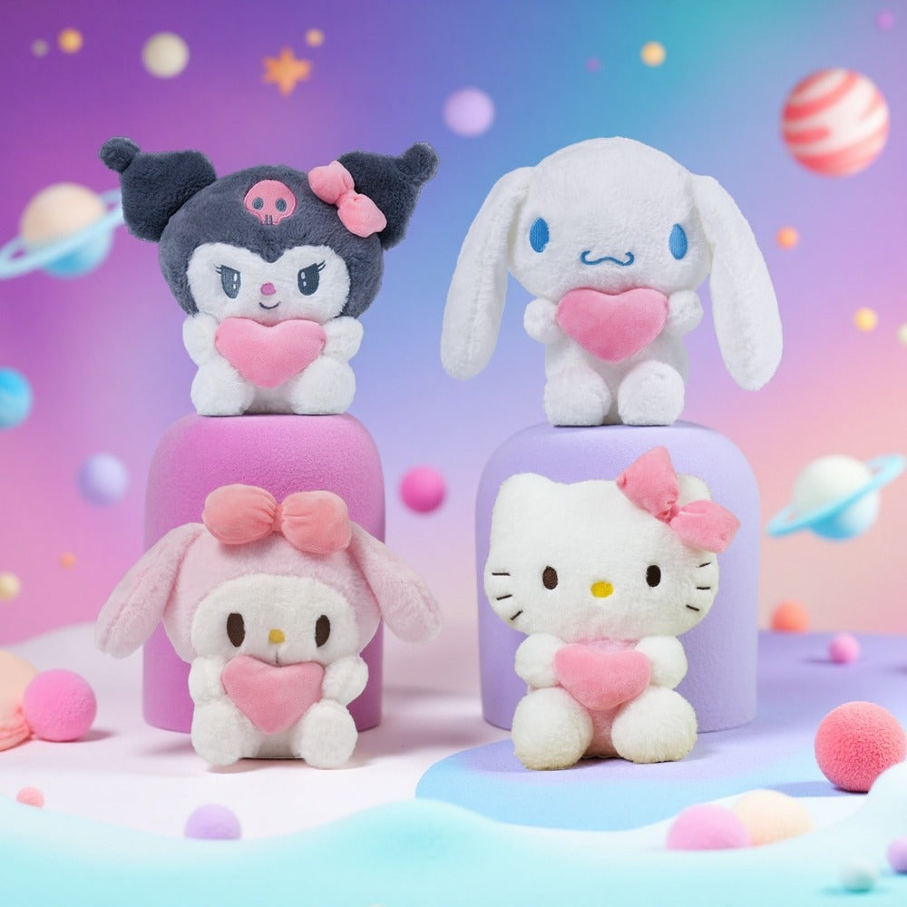 Sanrio Plush Toy 5pcs Set — Licensed Hello Kitty, Kuromi, My Melody & Gudetama Stuffed Animals Holding Hearts, Kawaii Gift for Girls, Birthday Christmas Holiday Surprise Decor