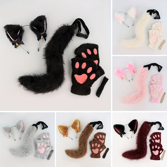 Cat Costume Set 3 Piece – Bell Ear Headband, Plush Paw Gloves & Adjustable Tail for Halloween, Cosplay, Role Play & Stage Performances, Cute Gift for Women Girls, Grey White Brown Pink