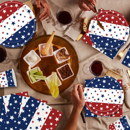 140pcs Independence Day Party Supplies 4Th of July Party Decorations Plates And Napkins Patriotic Memorial Day Party Decor Star Print Paper Plates, Serve for 20