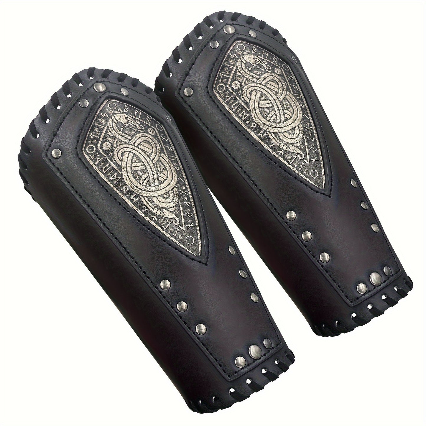 Viking Snake Wrist Guards 2-Pack Medieval Norse Leather Bracers, Nordic Retro Cosplay Props for Halloween LARP Renaissance Faire Costume Accessory, Black & Coffee