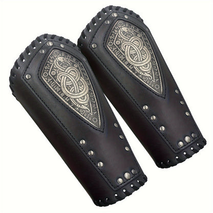 Viking Snake Wrist Guards 2-Pack Medieval Norse Leather Bracers, Nordic Retro Cosplay Props for Halloween LARP Renaissance Faire Costume Accessory, Black & Coffee