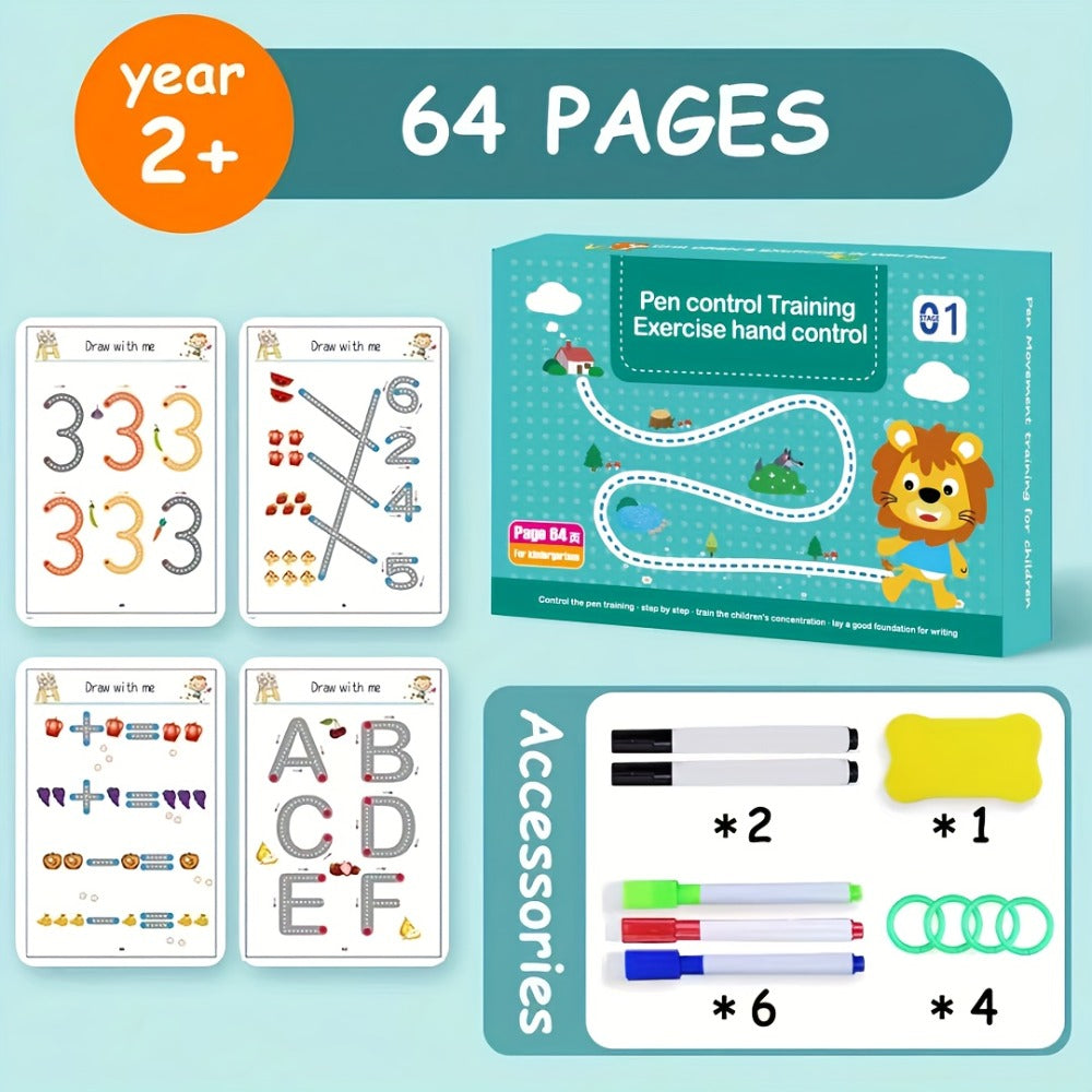 Magic Practice Book Set – Reusable Handwriting & Calligraphy Workbook with Erasable Pens, Letter Number Tracing for Kids, 64 Pages Writing Practice Gift for Boys Girls