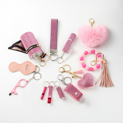 Women's Rhinestone Keychain Set 13-Piece – Safety Gadgets with Window Breaker Whistle Hand Sanitizer Holder Perfume Bottle Beaded Bracelet PU Tassel, Holiday Gift Box for Women