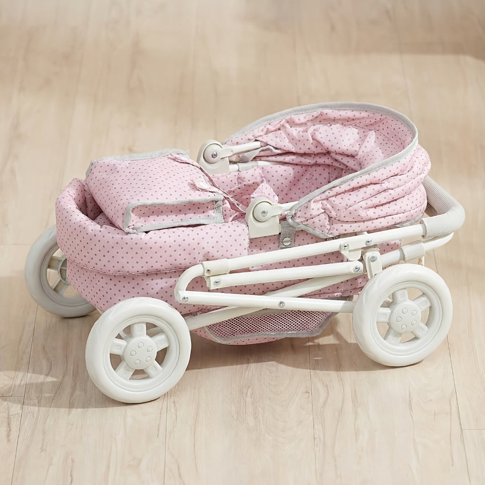 3-in-1 Baby Doll Stroller Set Pink – Foldable Pram with Removable Bassinet & Carry Bag for 14-24 Inch Dolls, Swivel Wheels Adjustable Handle, Role Play Nursery Gift for Girls Ages 3-12