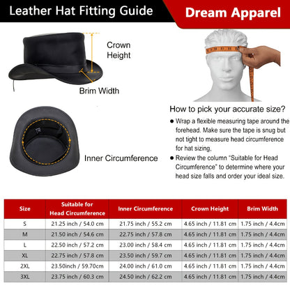 Genuine Leather Top Hat Steampunk – Shapeable Wide Brim Gentleman Hat for Men Women, Halloween Costume Topper, Deadman Victorian Derby Hat, Handcrafted Top-Grain Leather, Black, Sizes S-3XL