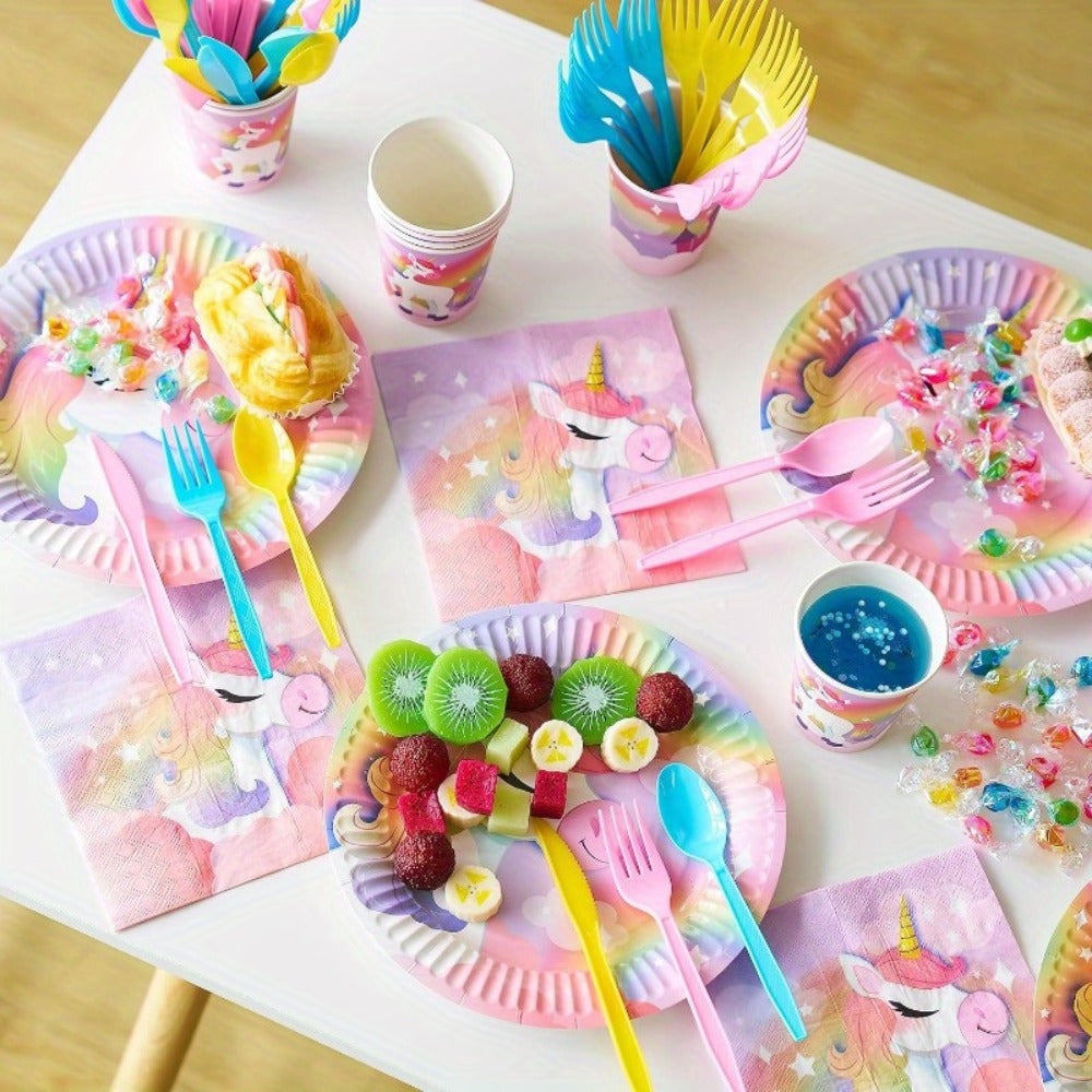 Unicorn Party Supplies 145 Pcs for 24 Guests – Disposable Tableware Set with Plates, Cups, Napkins, Cutlery & Happy Birthday Banner for Unicorn Theme Birthday Party Decorations