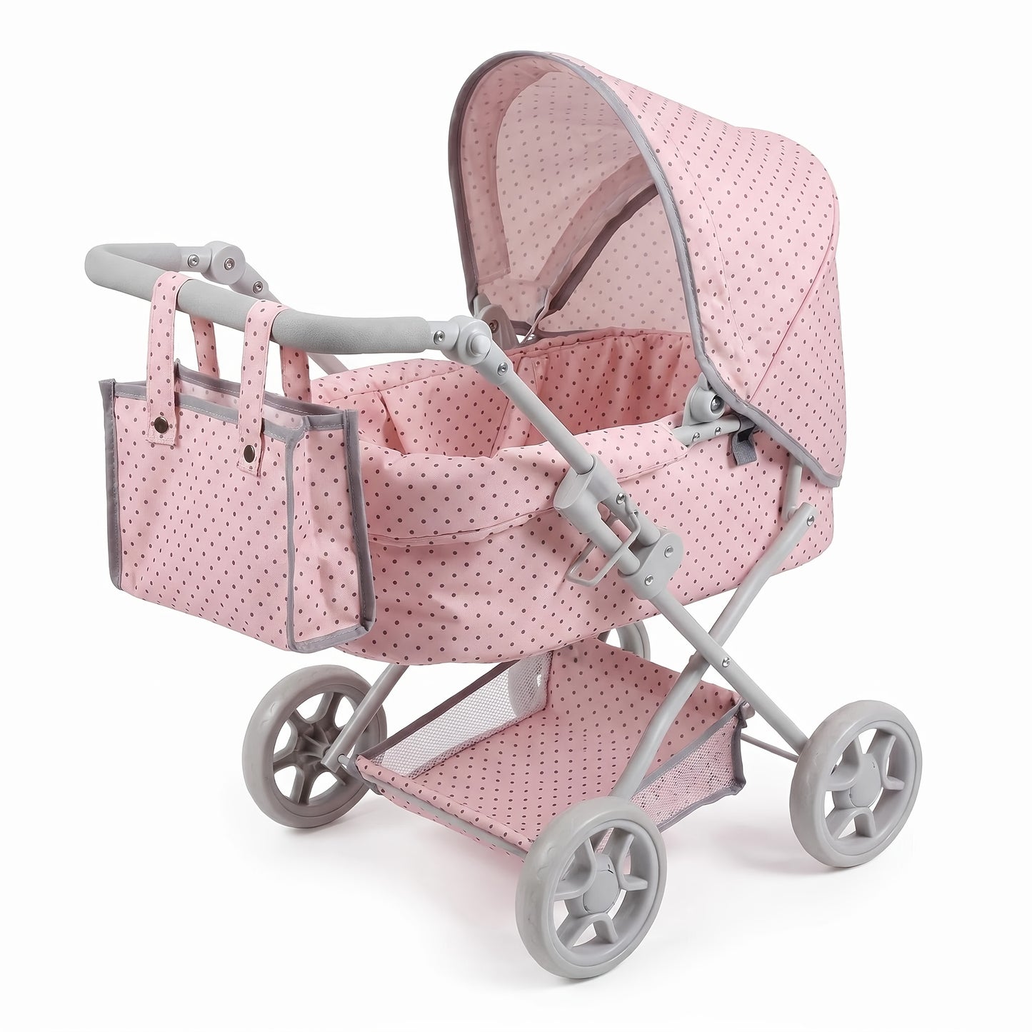3-in-1 Baby Doll Stroller Set Pink – Foldable Pram with Removable Bassinet & Carry Bag for 14-24 Inch Dolls, Swivel Wheels Adjustable Handle, Role Play Nursery Gift for Girls Ages 3-12