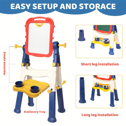 Art Easel for Kids Adjustable Double-Sided Standing Easel with Painting Accessories for Boys & Girls Ages 3+ – Rotatable Portable Chalkboard Whiteboard Children's Easel | Birthday Christmas Gift