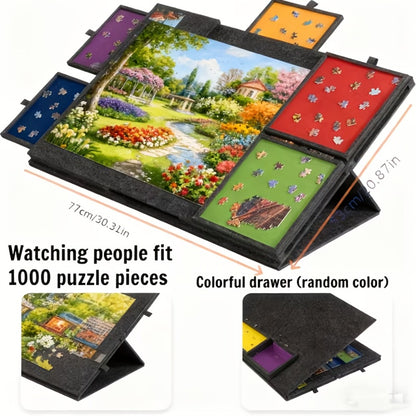 Jigsaw Puzzle Board with 6 Colored Drawers for 1000 & 1500 Piece Puzzles – Portable Tilting Felt Mat, 2-in-1 Bracket Cover, Lightweight Puzzle Storage Organizer for Adults