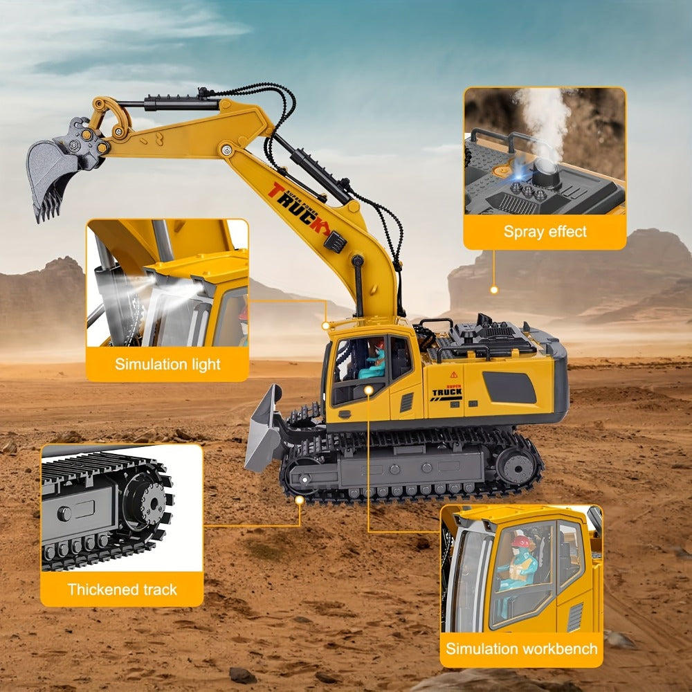 RC Excavator Toy 1200mAh 120-Min Battery Life with Metal Shovel & LED Lights – 13CH/17CH Remote Control Construction Truck for Boys Ages 8+, Birthday Christmas Gift (Yellow/Gray)