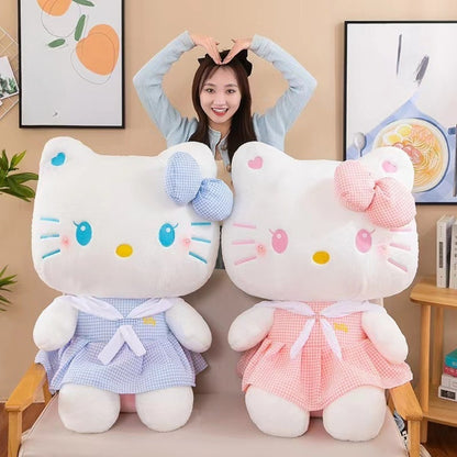 Hello Kitty Oversized Plush Stuffed Toy 13.78 Inch — Sanrio Licensed Dress-Up KT Cat Soft Doll, Kawaii Home Decor & Cuddle Pillow, Birthday Gift for Girls Teens Pink Blue Plaid