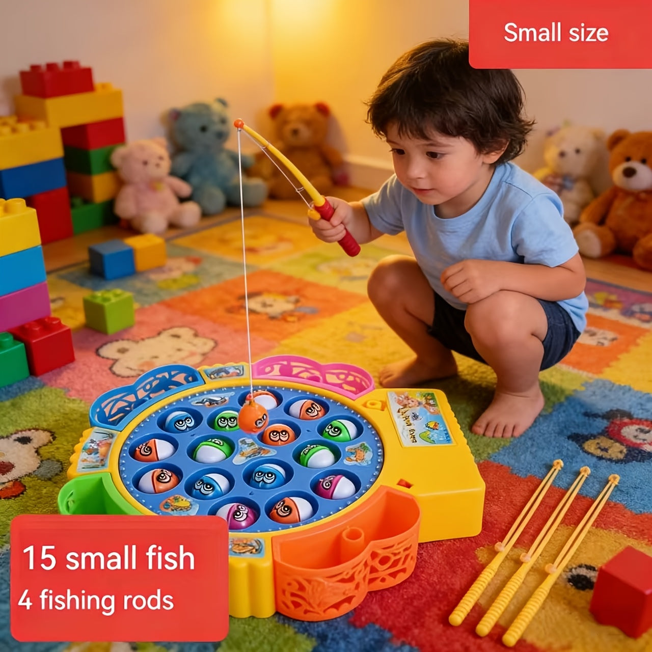 Building Blocks Set Electric Fishing Game Toy for Kids, Musical Rotating Fishing Board with Colorful Fish, Interactive Family Game, Educational Toy for Girls Ages 3+
