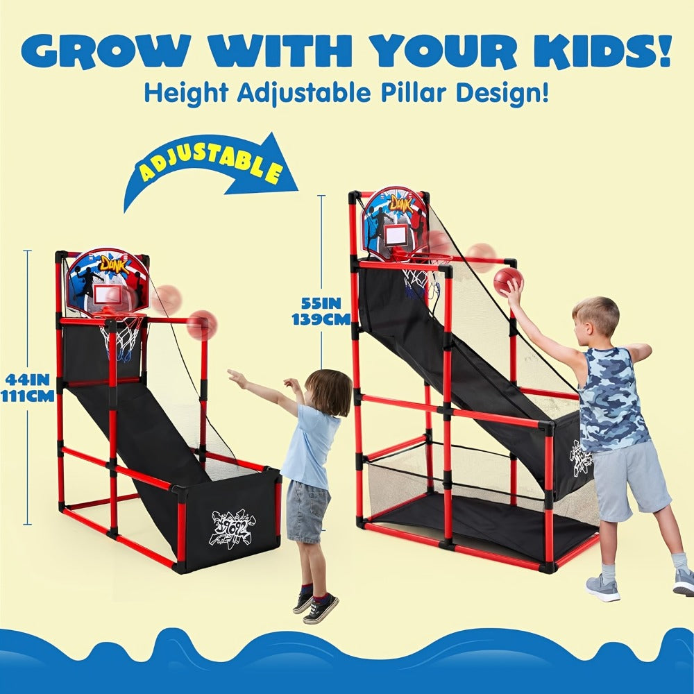 Kids Adjustable Basketball Hoop Set Arcade-Style Stand 4 Balls Air Pump 55 Inch Height Indoor Outdoor Sport Play Birthday Christmas Gift Boys Girls Ages 3+ Multicolor Red Blue