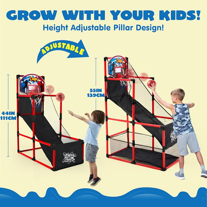 Kids Adjustable Basketball Hoop Set Arcade-Style Stand 4 Balls Air Pump 55 Inch Height Indoor Outdoor Sport Play Birthday Christmas Gift Boys Girls Ages 3+ Multicolor Red Blue