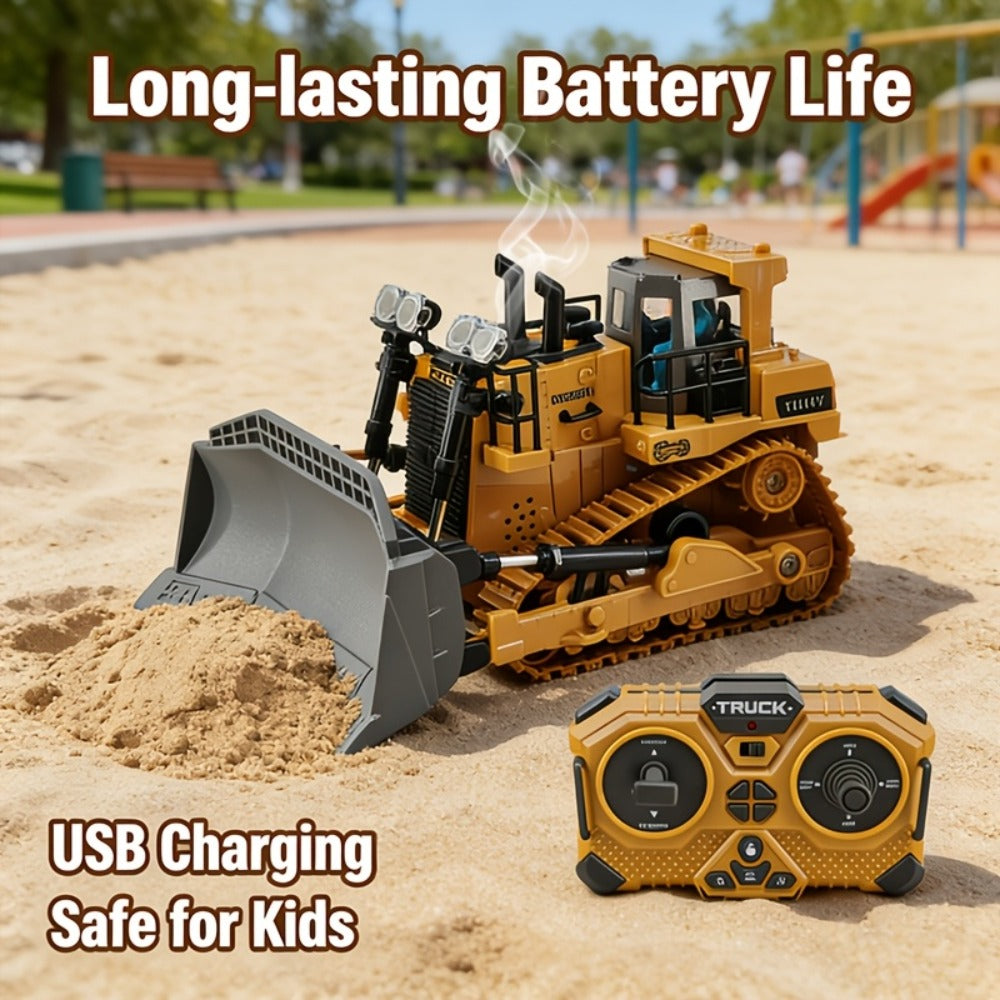 RC Construction Vehicle Toy 2.4GHz Remote Control Excavator Bulldozer Loader with Alloy Metal Cover Lights Sound Effects, Crawler Tractor Truck for Boys Ages 8 and Up, Birthday Gift
