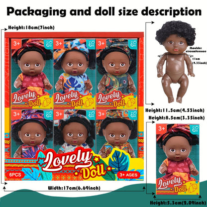 Mini Black Baby Doll Set 6 Pcs 4.5 Inch Curly Hair Rotatable Poseable – Flower Pajamas Gift Box, Cute Diverse Newborn Dolls for Kids, Birthday Christmas Holiday Gift for Girls Ages 3+ (Random Patterns)