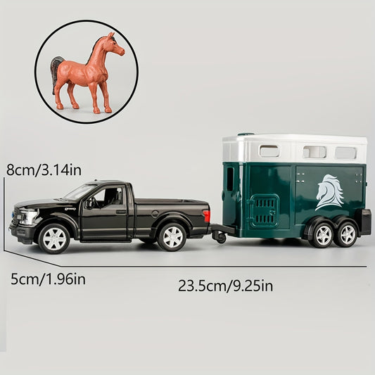 1:36 RMZ CITY Zinc Alloy Toy Car with Horse Trailer & Horse Vehicle, Openable Doors, Pull Back Car, Mixed Colors, Manual Energy, Metal Crafts for Kids, Adults, Birthday & Christmas Gift for Boys & Young People, RMZ City