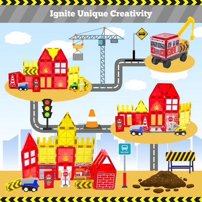 Magnetic Tiles Firefighting Theme Building Set for Kids – Fire Truck Fire Station Roads Crane & Car Toys, STEM Educational Magnetic Blocks for Boys Ages 3 4 5 6, Birthday Gift for Young Builders
