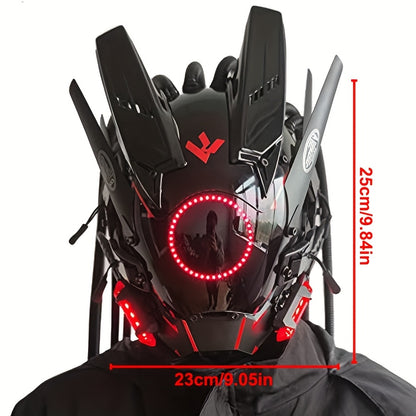 1pc Fashion Cool LED Punk Mask with Braids, Futurist Sci Fi Mechanical Mask Halloween Cosplay Samurai Mask Music Festival Party Cool Play Accessories Adult Gift