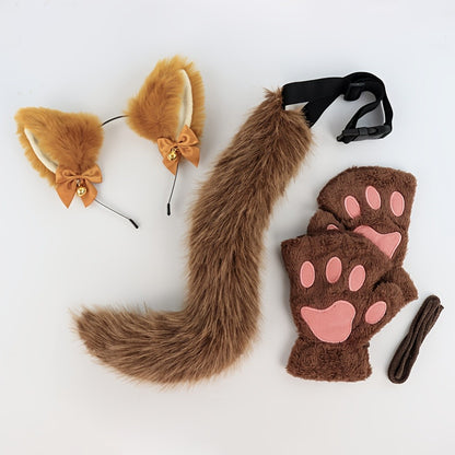 Cat Costume Set 3 Piece – Bell Ear Headband, Plush Paw Gloves & Adjustable Tail for Halloween, Cosplay, Role Play & Stage Performances, Cute Gift for Women Girls, Grey White Brown Pink