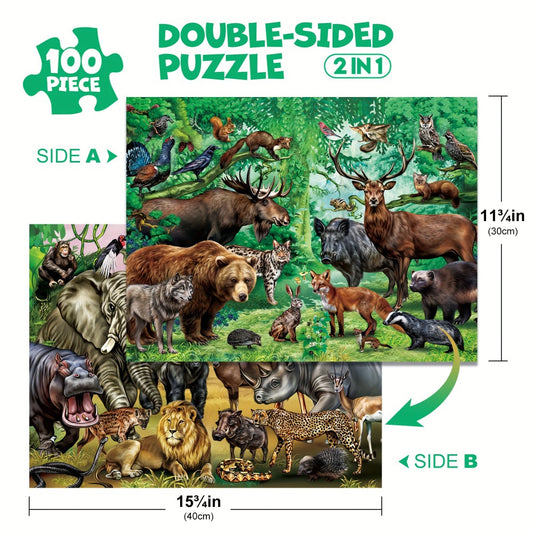 Double Sided Jigsaw Puzzles 100pcs for Kids 3-8, Jungle Animal Puzzle Toys for Boys Girls Kids Christmas Gifts Birthday Gift, Thanksgiving Day Present
