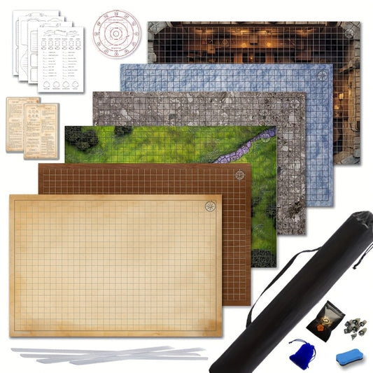 DnD Beginner Set 6 Double-Sided Terrain Maps 24x36 with Mystery Dice, Character Sheets, Cheat Sheets, Spell AOE Template – Complete Dungeons and Dragons RPG Starter Kit for New Players