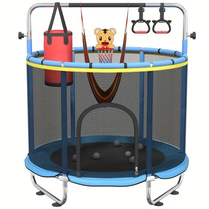 1pc 60" Height Adjustable Trampoline with Enclosure, 440Lbs Capacity Indoor & Outdoor Round Trampoline with Gymnastics Bar & Toys |Height Adjustable Trampoline |Indoor & Outdoor Trampoline