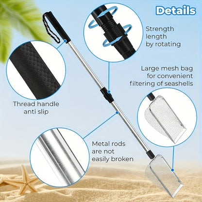 Stainless Steel Beach Sand Sifter with Retractable Telescopic Handle – Portable Sand Sieve for Treasure Hunting, Shell & Conch Collecting | Beach Tool for Kids & Adults, Doubles as Cat Litter Scoop
