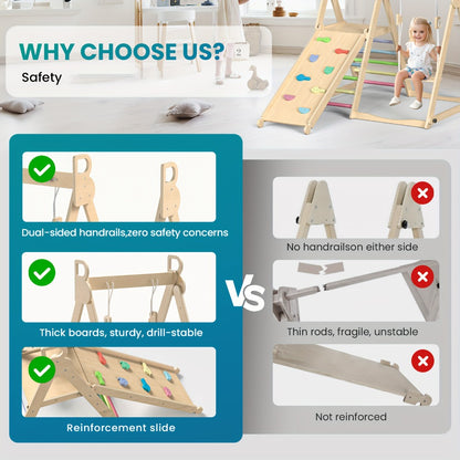 Foldable Indoor Wooden Jungle Gym for Toddlers – 4-in-1 Climbing Frame with Swing, Slide & Ladder | Ages 18M+ | Rainbow & Blue | Kids Indoor Playset for Cognitive Development & Active Play