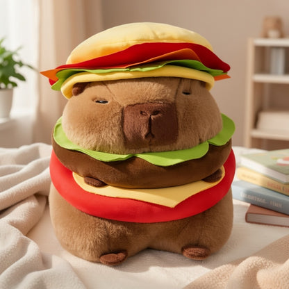 Capybara Plush Stuffed Animal Hamburger — Funny Cute Kawaii Capybara with Burger Hat Soft Plush Toy, Couch Pillow Doll, Unique Gift for Girls Kids Teens, Birthday Christmas Gift