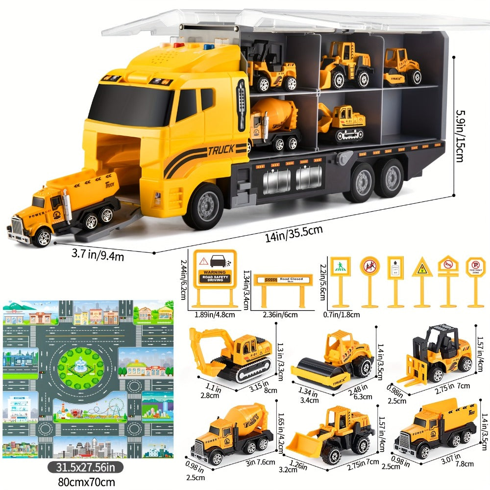 13-in-1 Construction Truck Vehicle Toy Set with Die-Cast Cars & Play Mat – Transport Carrier Truck Playset for Toddlers Kids Ages 3+, STEM Learning, Christmas & Birthday Gift