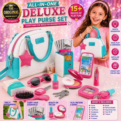 Girls Pretend Play Purse Set with Toy Phone, Makeup, Wallet, Keys and Credit Cards – Role Play Accessories for Girls Ages 3 to 8