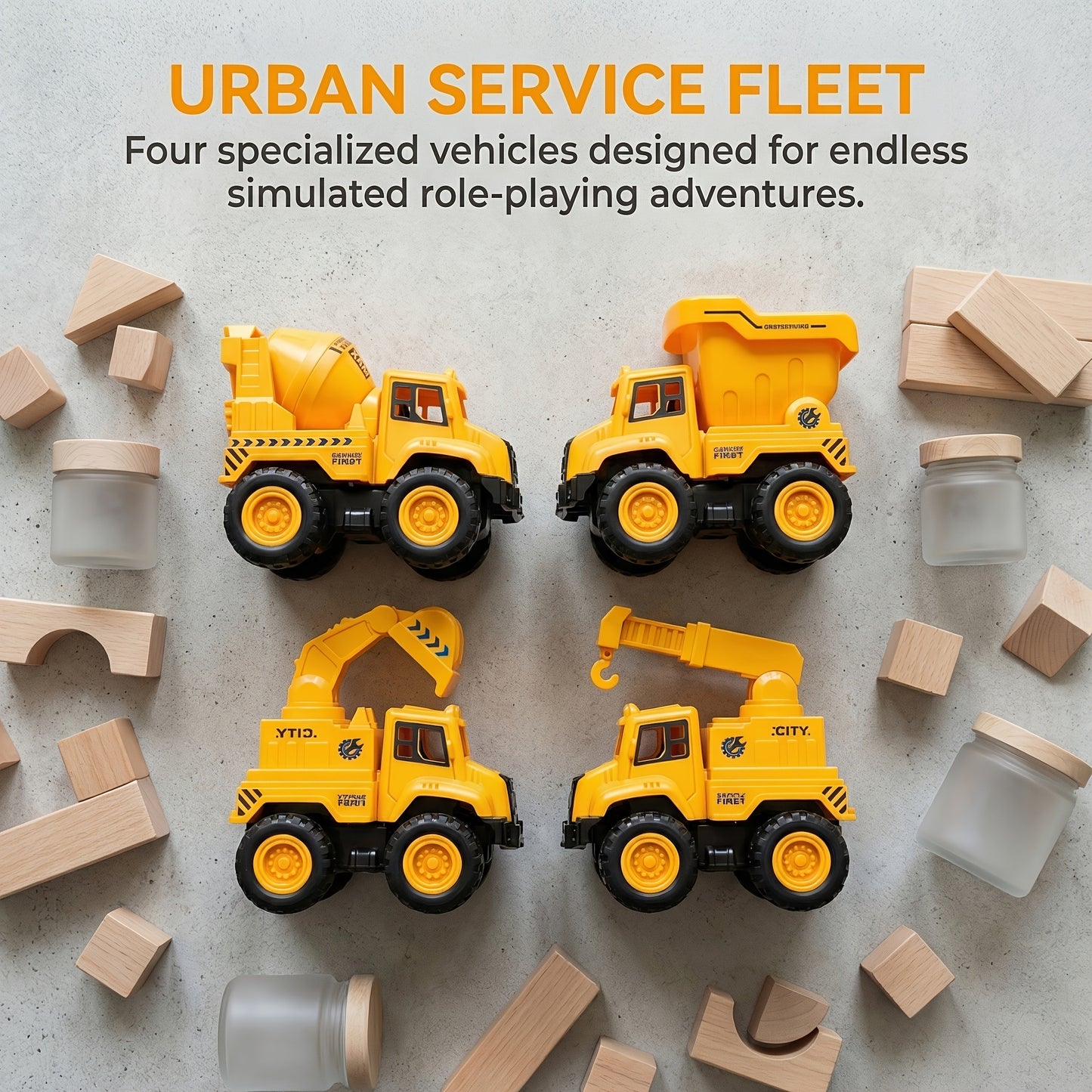 4pcs STEM Children's Construction Toy Vehicle Kit, Sandbox Excavator Construction Truck Dump Crane Cement Mixer, Encourages Hands-on Learning Imaginative Play-Perfect Gift for Halloween, Christmas