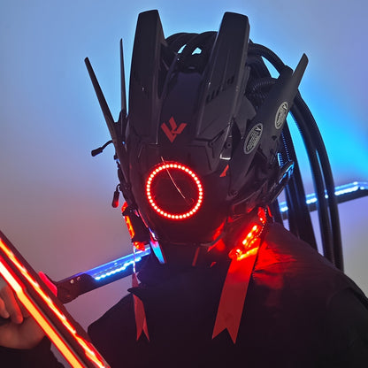 1Pcs Cool LED Lights Punk Mask With Tubular Braid Futurist Science Fiction Mechanical Mask Halloween Cosplay Masks Sci-fi Gear Party Music Festival Props