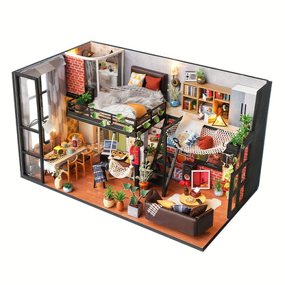 DIY Doll House Kit with Dust Cover - Handmade Multicolor Miniature House Model, 2-Story Building with Furniture-like Parts (No Glue/Batteries) for &, Creative Play & Display, Christmas Gift, Dolls Compatible