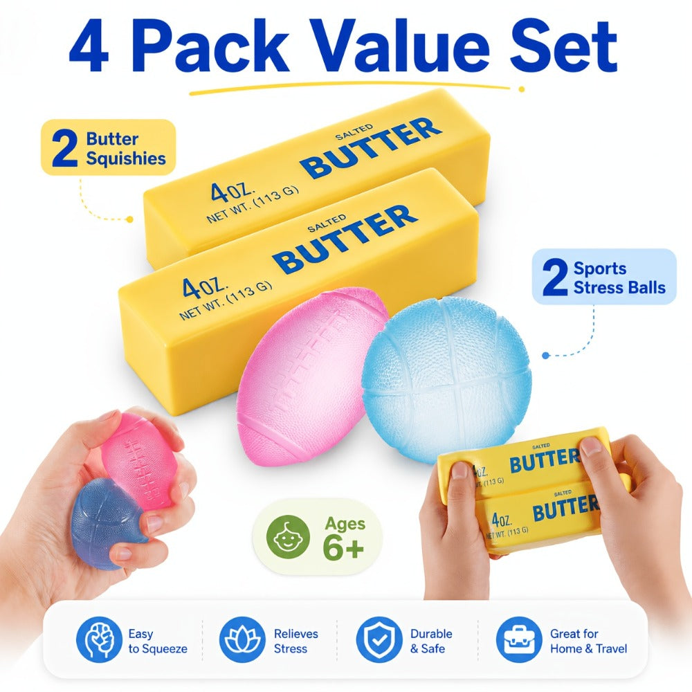 Squishy Stress Ball Fidget Toys 4 Pack – Slow Rising Butter Squishies Ultra Soft Sensory Squeeze Toys for Kids & Adults, Anxiety Relief Desk Toy, Party Favors & Gift Set
