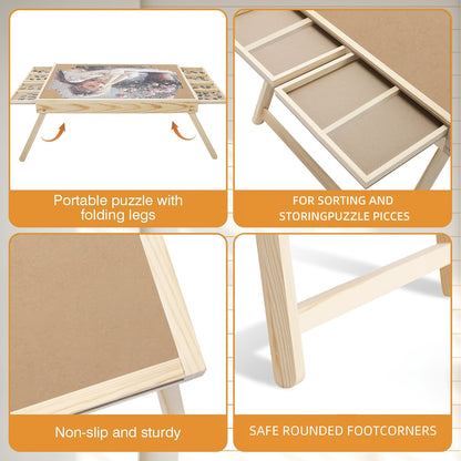 Puzzle Table with Folding Legs, Wooden Puzzle Table with 4 Drawers And 16 Grids, Portable Enlightenment Board for Storage And Sorting - 1000pcs Puzzle Table School Supplies