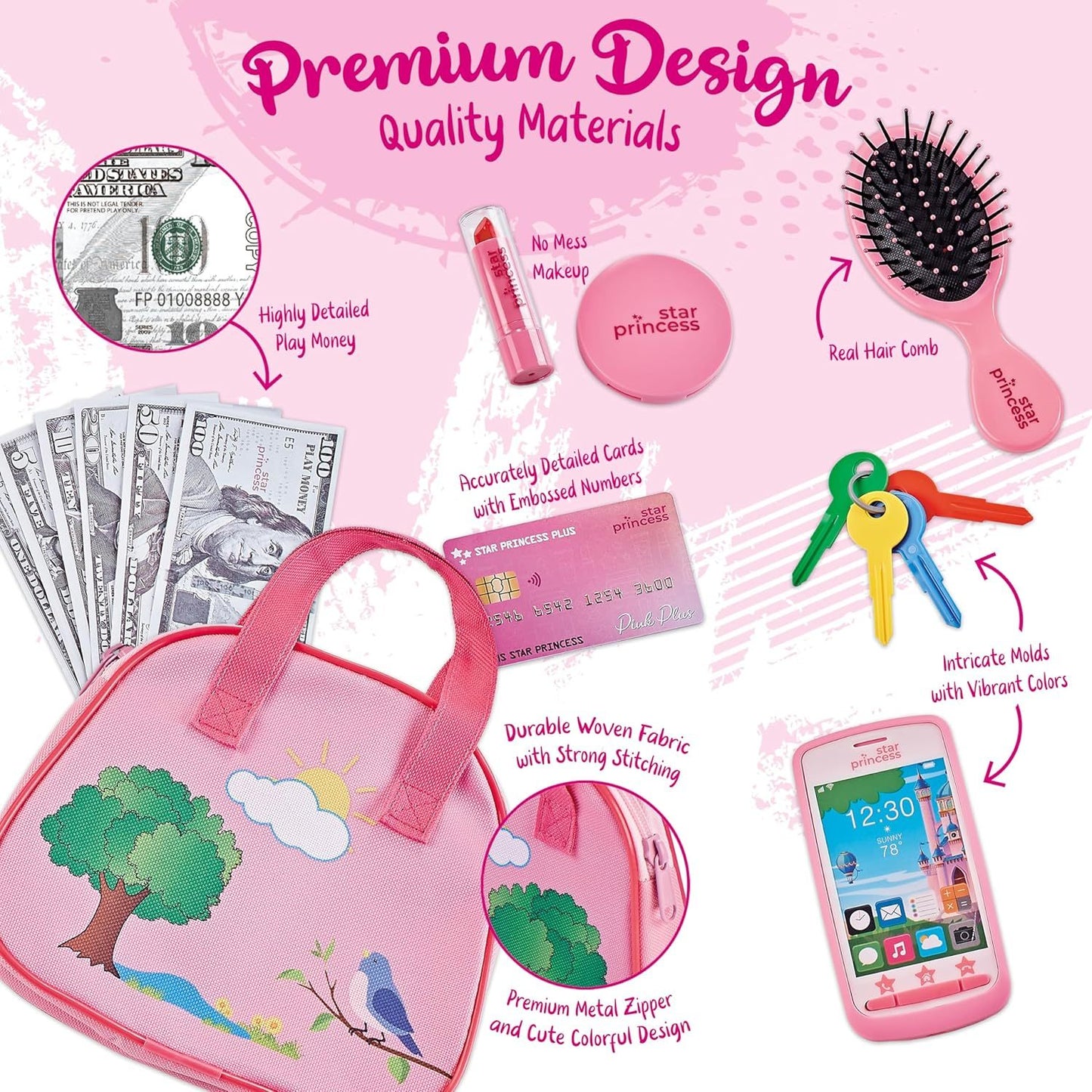 Play Purse for Little Girls with Accessories, Purse Toys for Girls with Pretend Play Makeup, Keys, Fake Smartphone, Dress Up Toy Purse for Kids - Excellent Birthday Gift for Little Girls