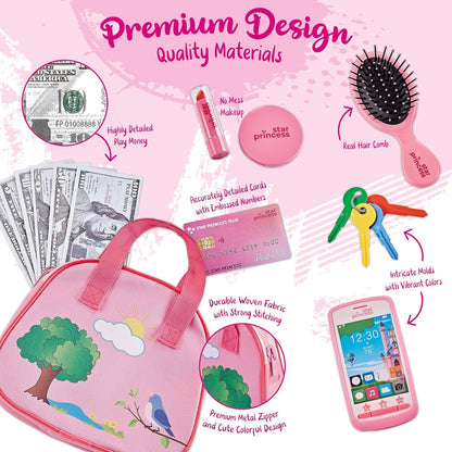 Play Purse for Little Girls with Accessories, Purse Toys for Girls with Pretend Play Makeup, Keys, Fake Smartphone, Dress Up Toy Purse for Kids - Excellent Birthday Gift for Little Girls