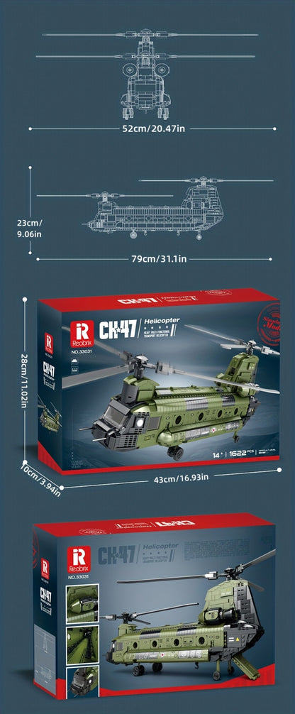 Chinook Helicopter Building Blocks Set 1622 Pcs – US Military CH-47 Transport Helicopter MOC Model Kit for Adults & Teens, Military Aircraft Display Build, Christmas Birthday Gift for Aviation Fans