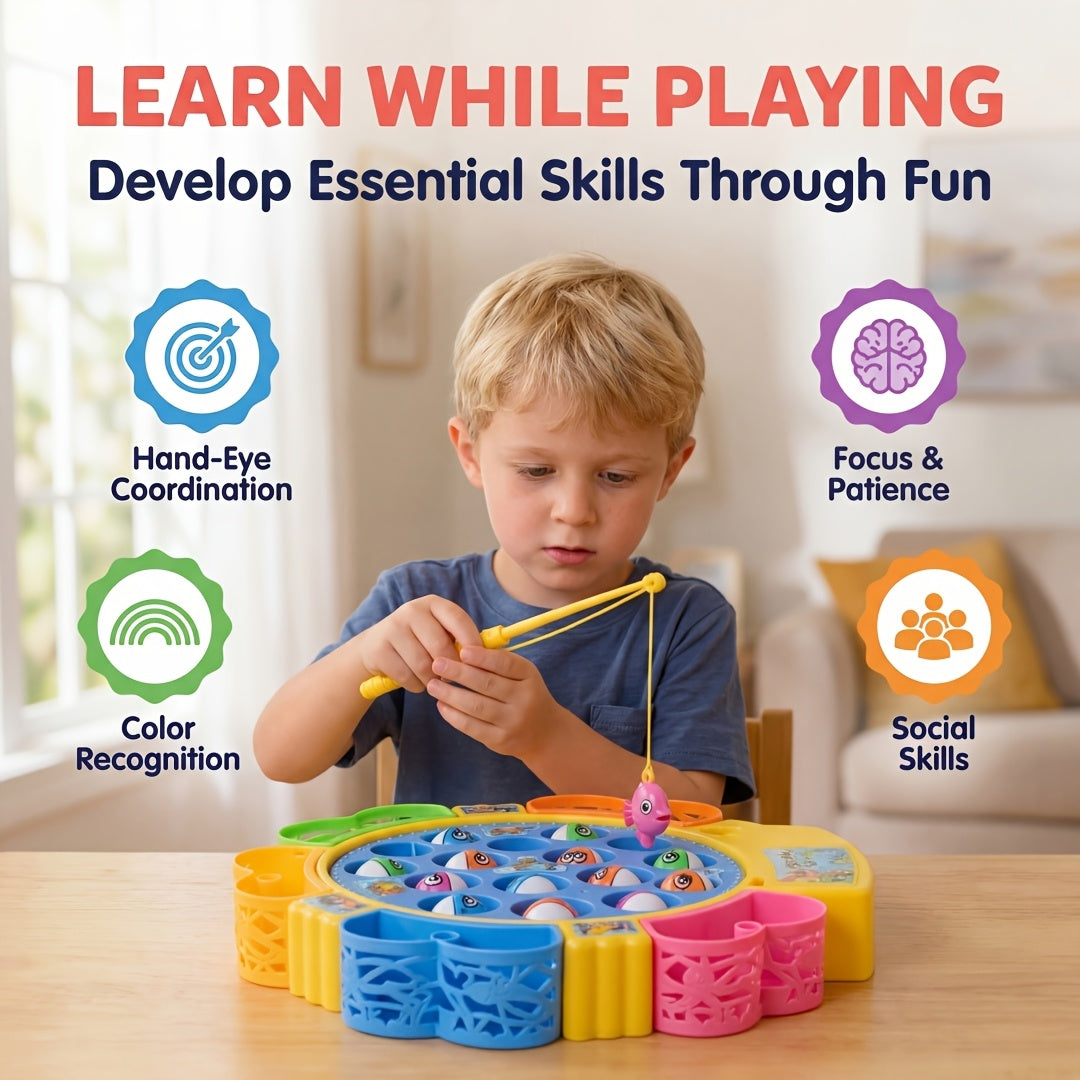 Building Blocks Set Electric Fishing Game Toy for Kids, Musical Rotating Fishing Board with Colorful Fish, Interactive Family Game, Educational Toy for Girls Ages 3+