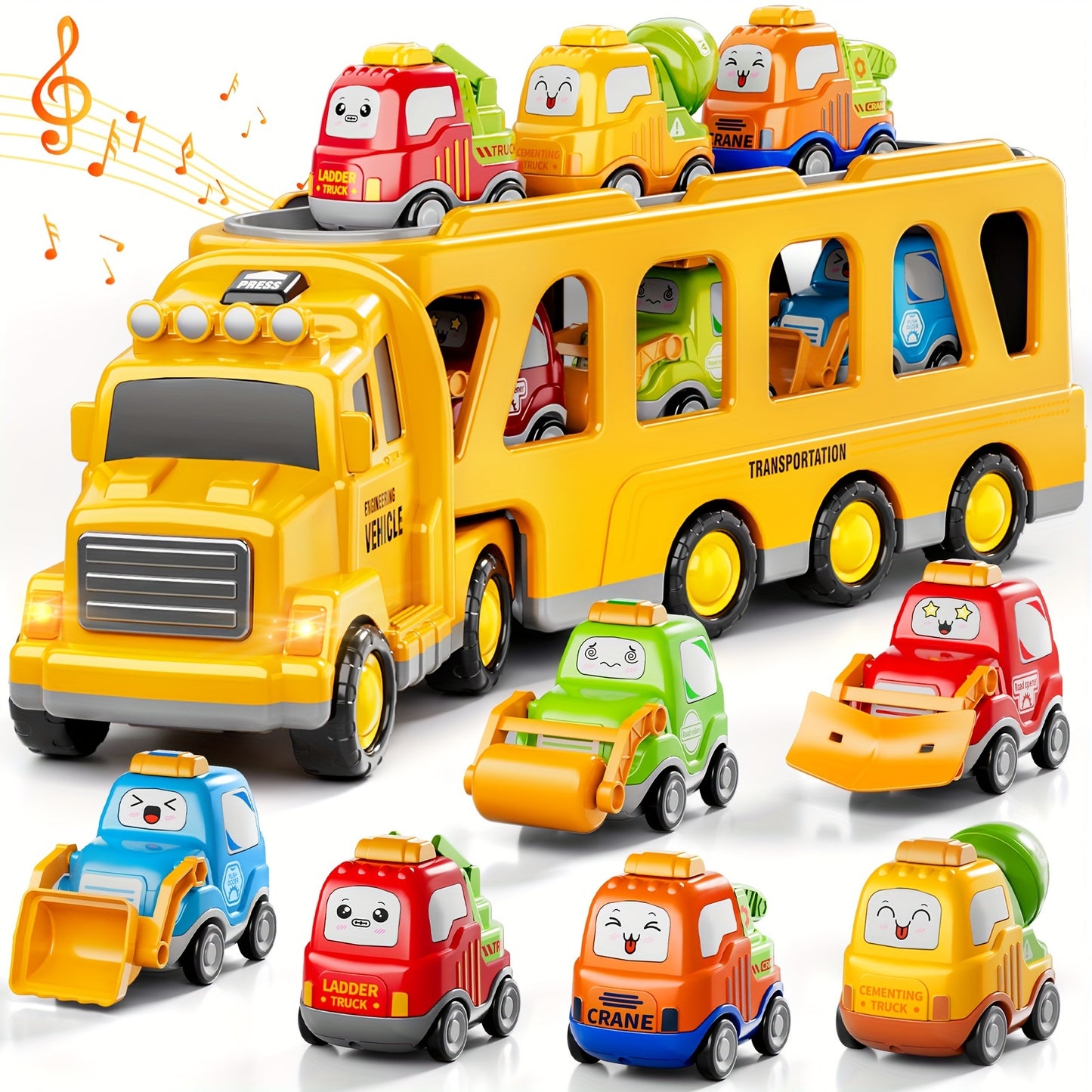 [Birthday Gift] Trucks Toys for Boys Kids, 16.9in Longer Transport Construction Truck with 6 Cars, Car Truck Toys with Lights & Sounds, Birthday Gift for Boys And Girls