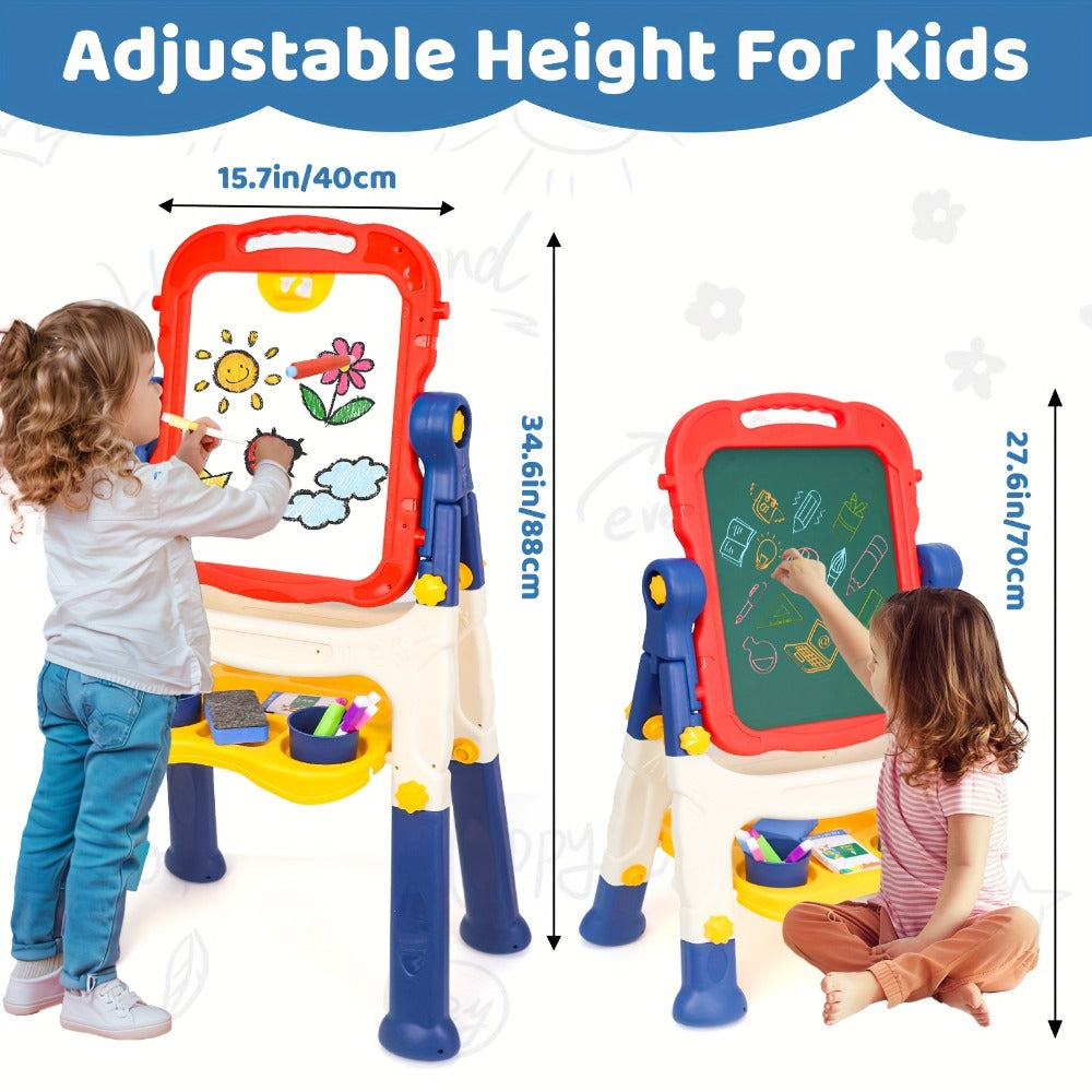 Art Easel for Kids Adjustable Double-Sided Standing Easel with Painting Accessories for Boys & Girls Ages 3+ – Rotatable Portable Chalkboard Whiteboard Children's Easel | Birthday Christmas Gift