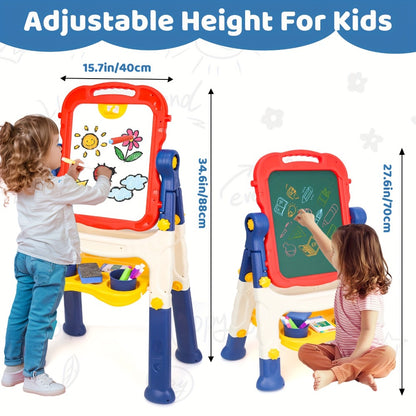 Art Easel for Kids Adjustable Double-Sided Standing Easel with Painting Accessories for Boys & Girls Ages 3+ – Rotatable Portable Chalkboard Whiteboard Children's Easel | Birthday Christmas Gift