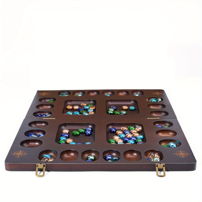 4-Player Mancala Game Set – Premium Solid Wood Folding Board with 108 Multi-Color Glass Stone Beads & Instructions, Upgraded Multiplayer Strategy Game for Teens & Adults, Perfect Family Gift Ages 14+