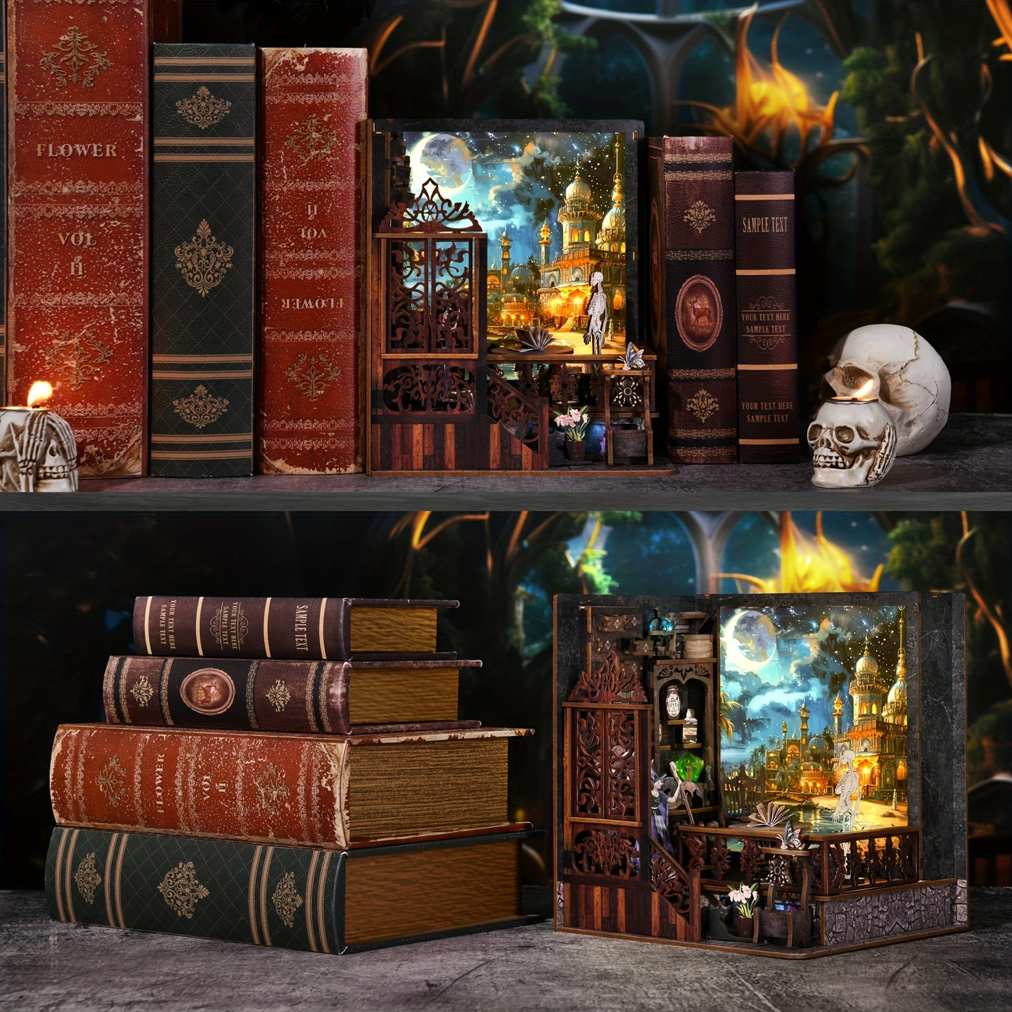 1pc Of Magic Mystery Bookend, DIY Dollhouse Bookcase, 3D Wooden Puzzle Bookcase, Book Corner Mini Kit, Halloween, There Are Witches, Skeletons, Magic And Other Elements, Whiteboard You Can Draw