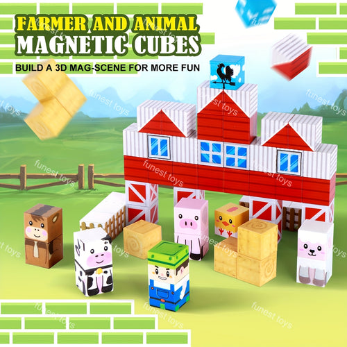 54pcs Magnetic Construction Block Set - Farm Animal And Farmer Theme STEM Educational Toy, Magnetic Cubes for Children, Creative And Learning Building Toys, Ideal Gift for Christmas, Birthdays, And Easter