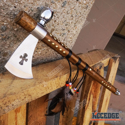 19" Native American Indian Hatchet Tomahawk w/ Non-Functional Peace Pipe Southwestern Style Replica Axe Display with Stainless Steel Bowl & Wooden Handle - Wrapped Shaft with Feather & Brass Accents - Decorative Hatchet Collectible for Western Decor & Cul